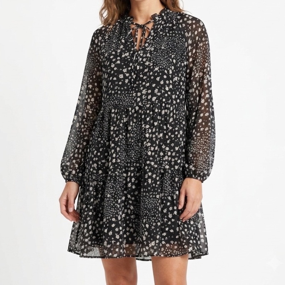 This‎ That Womens Floral Tiered Mini Dress Black Long Sleeve Ruffle Neck Large